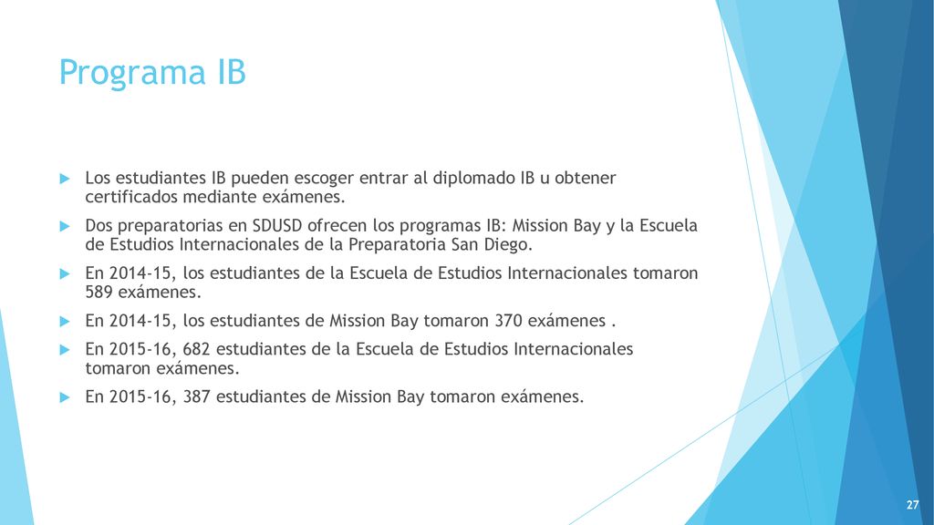 Programa IB Los estudiantes IB pueden escoger entrar al diplomado IB u obtener certificados mediante exámenes.