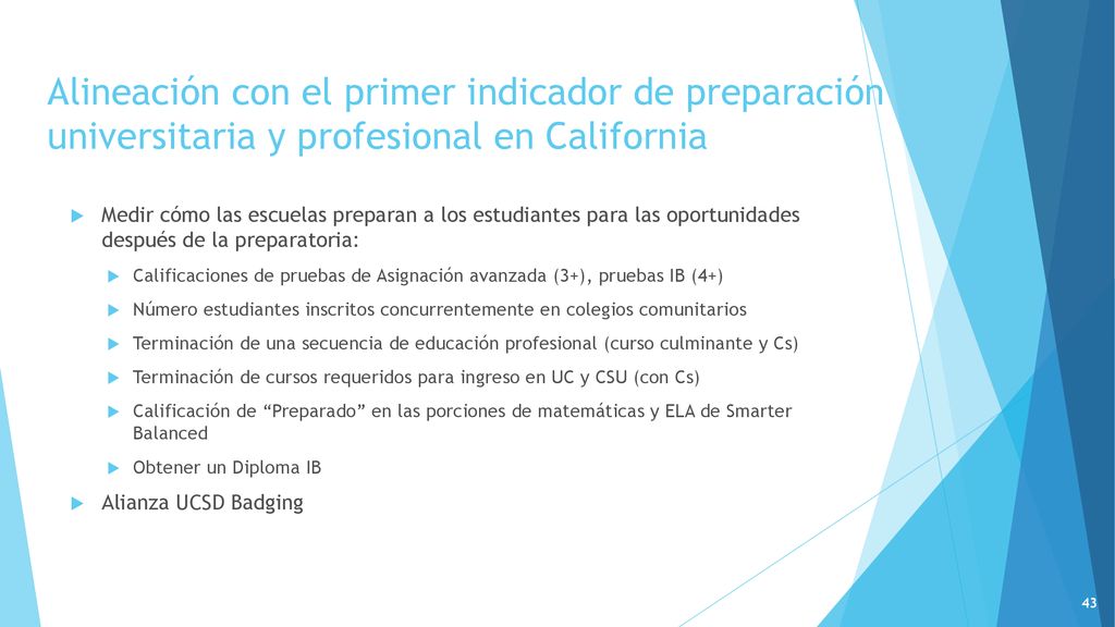 Alineación con el primer indicador de preparación universitaria y profesional en California