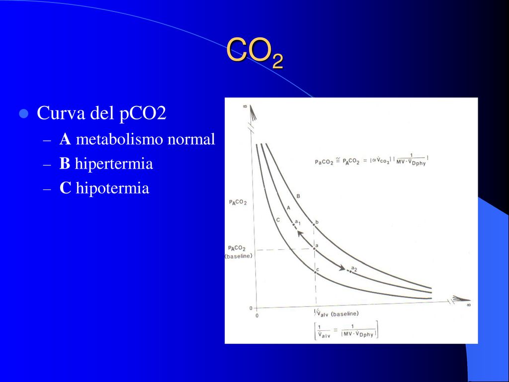 CO2 Curva del pCO2 A metabolismo normal B hipertermia C hipotermia