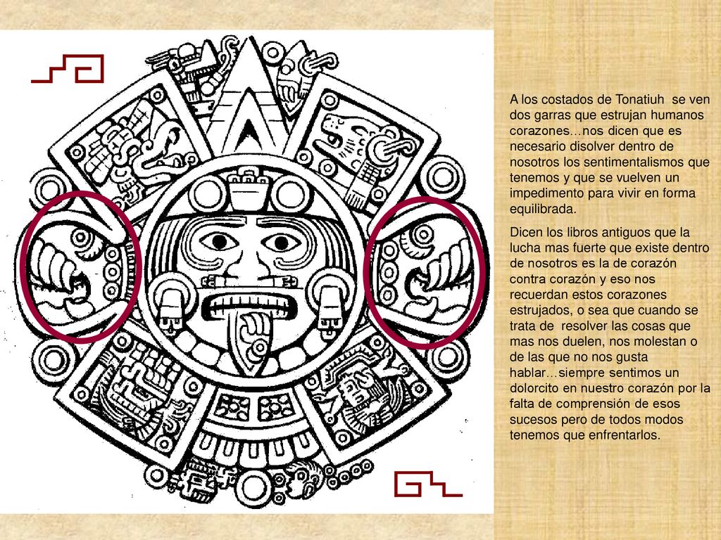 A los costados de Tonatiuh se ven dos garras que estrujan humanos corazones…nos dicen que es necesario disolver dentro de nosotros los sentimentalismos que tenemos y que se vuelven un impedimento para vivir en forma equilibrada.