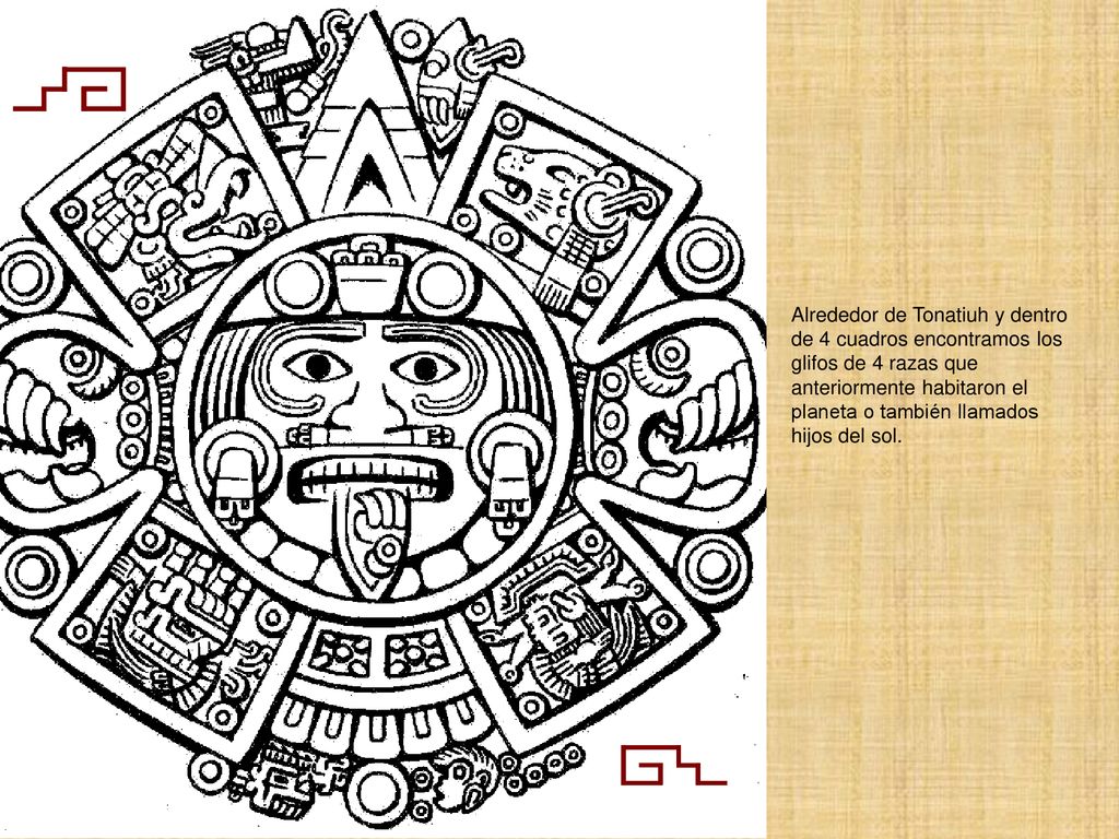 Alrededor de Tonatiuh y dentro de 4 cuadros encontramos los glifos de 4 razas que anteriormente habitaron el planeta o también llamados hijos del sol.