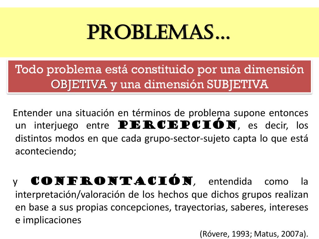 PROBLEMAS… Todo problema está constituido por una dimensión OBJETIVA y una dimensión SUBJETIVA.