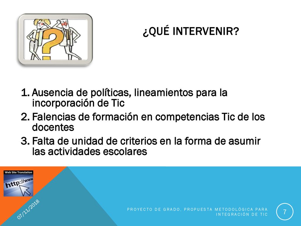 ¿Qué intervenir Ausencia de políticas, lineamientos para la incorporación de Tic. Falencias de formación en competencias Tic de los docentes.