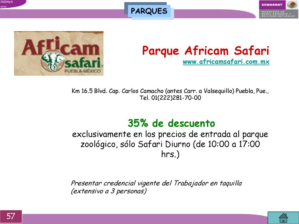 PARQUES Parque Africam Safari.   Km 16.5 Blvd. Cap. Carlos Camacho (antes Carr. a Valsequillo) Puebla, Pue.,