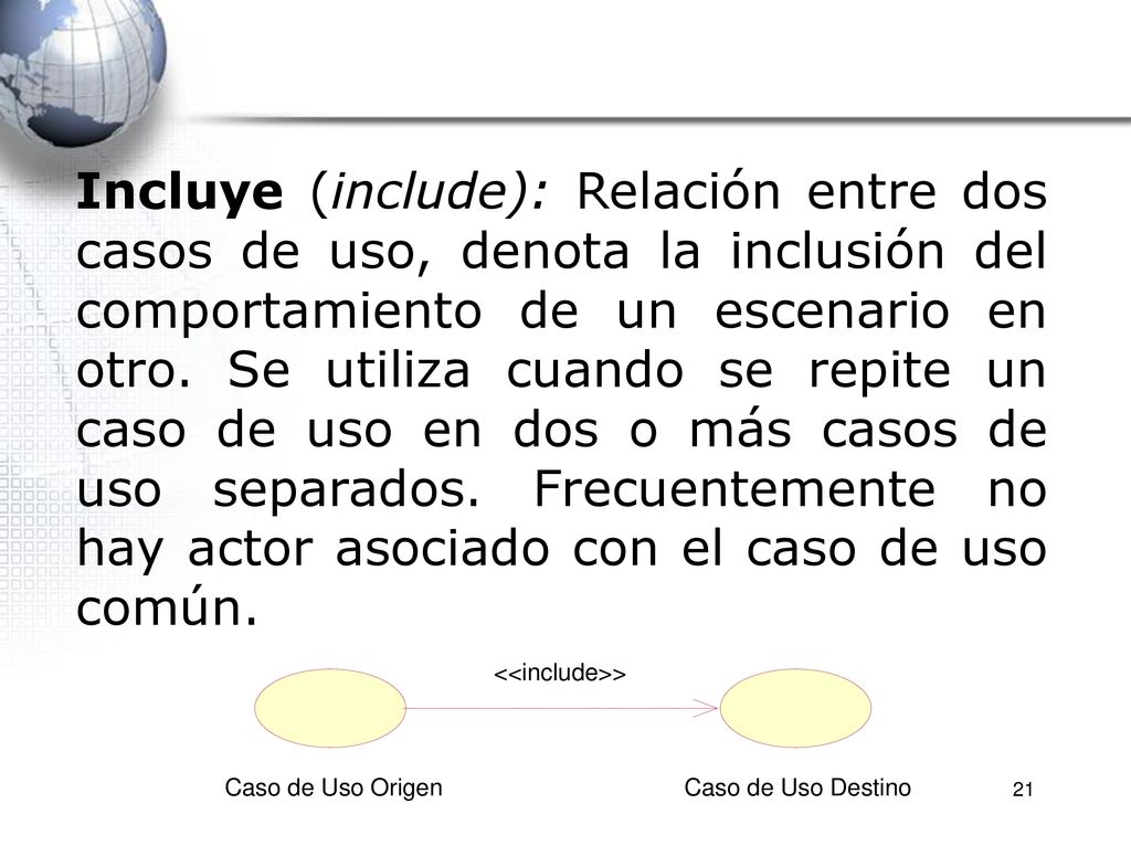 Incluye (include): Relación entre dos casos de uso, denota la inclusión del comportamiento de un escenario en otro. Se utiliza cuando se repite un caso de uso en dos o más casos de uso separados. Frecuentemente no hay actor asociado con el caso de uso común.