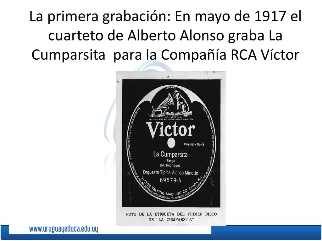 La primera grabación: En mayo de 1917 el cuarteto de Alberto Alonso graba La Cumparsita para la Compañía RCA Víctor