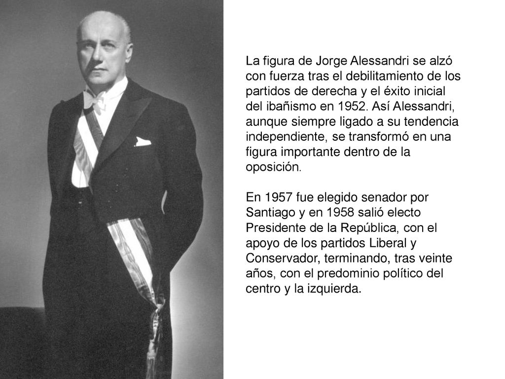 La figura de Jorge Alessandri se alzó con fuerza tras el debilitamiento de los partidos de derecha y el éxito inicial del ibañismo en Así Alessandri, aunque siempre ligado a su tendencia independiente, se transformó en una figura importante dentro de la oposición.