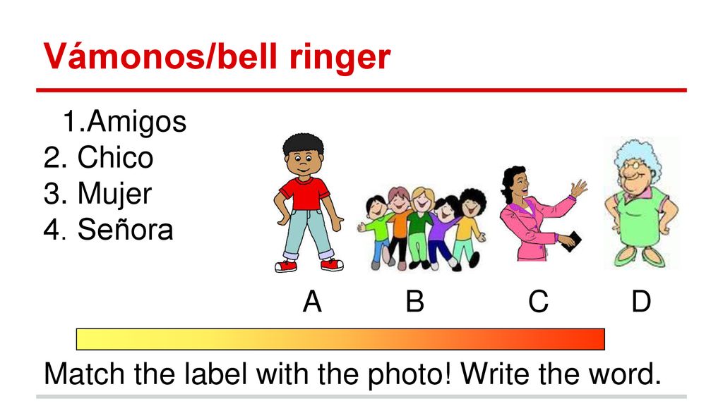 Vámonos/bell ringer Amigos 2. Chico 3. Mujer 4. Señora A B C D