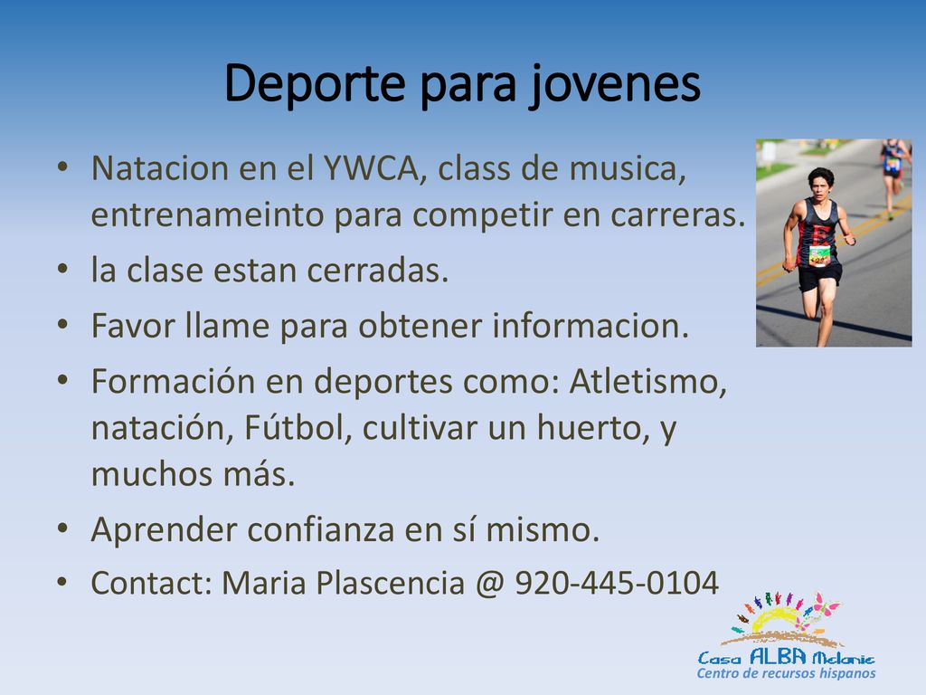 Deporte para jovenes Natacion en el YWCA, class de musica, entrenameinto para competir en carreras.