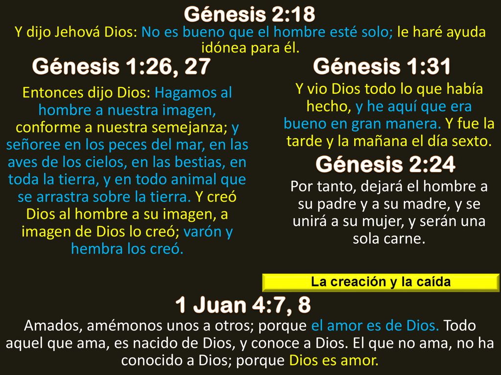 Génesis 1:26, 27 Génesis 1:31 Génesis 2:24 1 Juan 4:7, 8