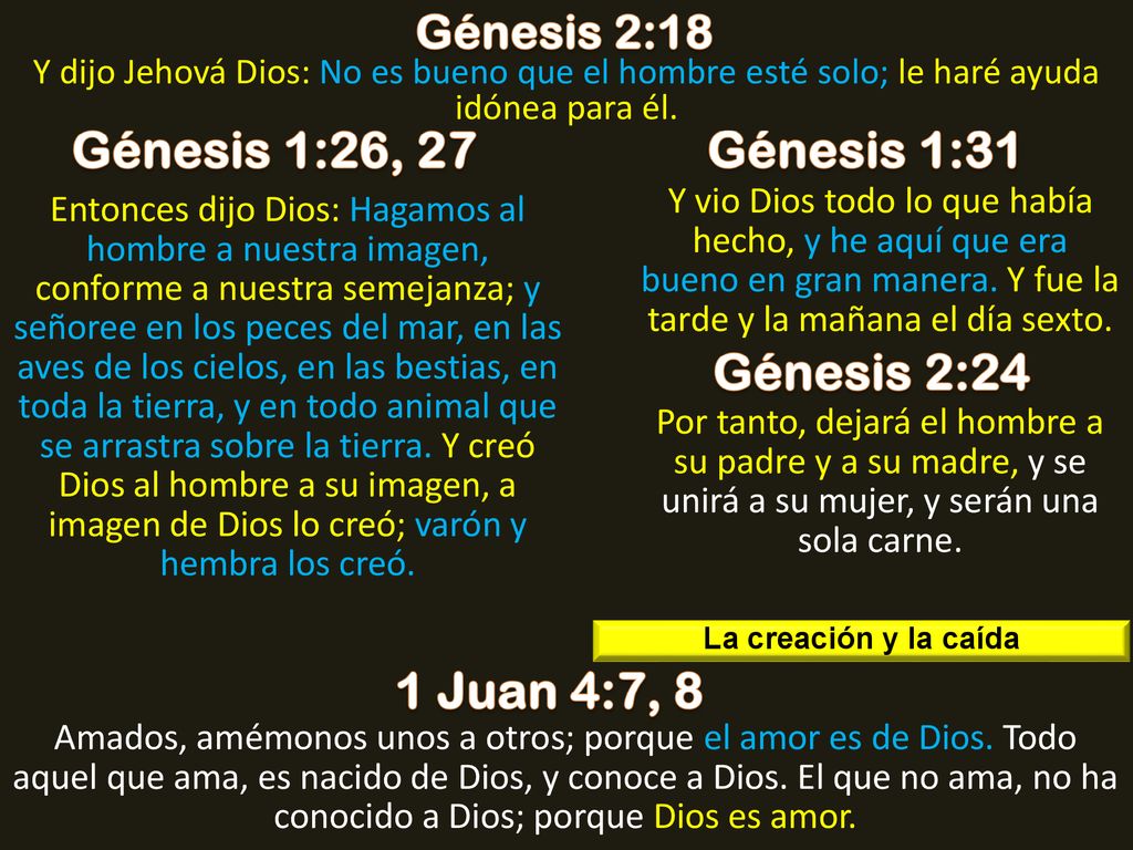 Génesis 1:26, 27 Génesis 1:31 Génesis 2:24 1 Juan 4:7, 8