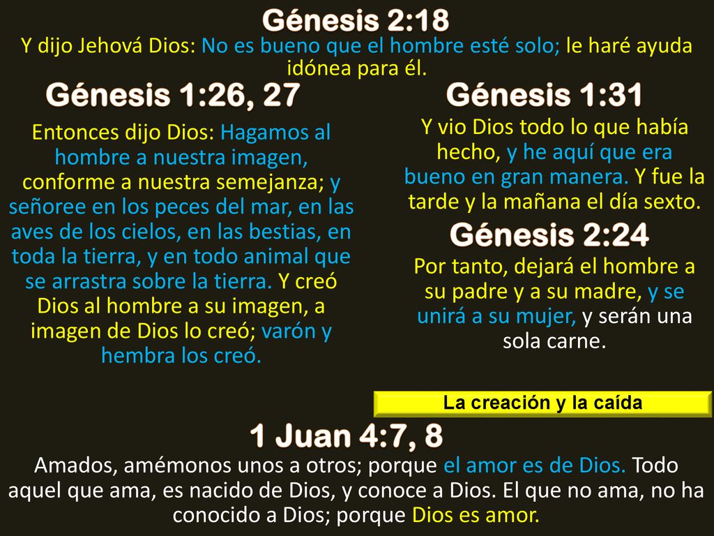 Génesis 1:26, 27 Génesis 1:31 Génesis 2:24 1 Juan 4:7, 8