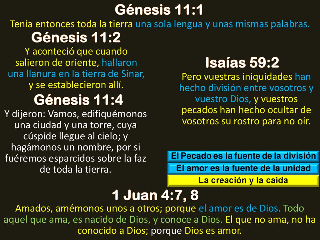 Génesis 11:1 Génesis 11:2 Isaías 59:2 Génesis 11:4 1 Juan 4:7, 8