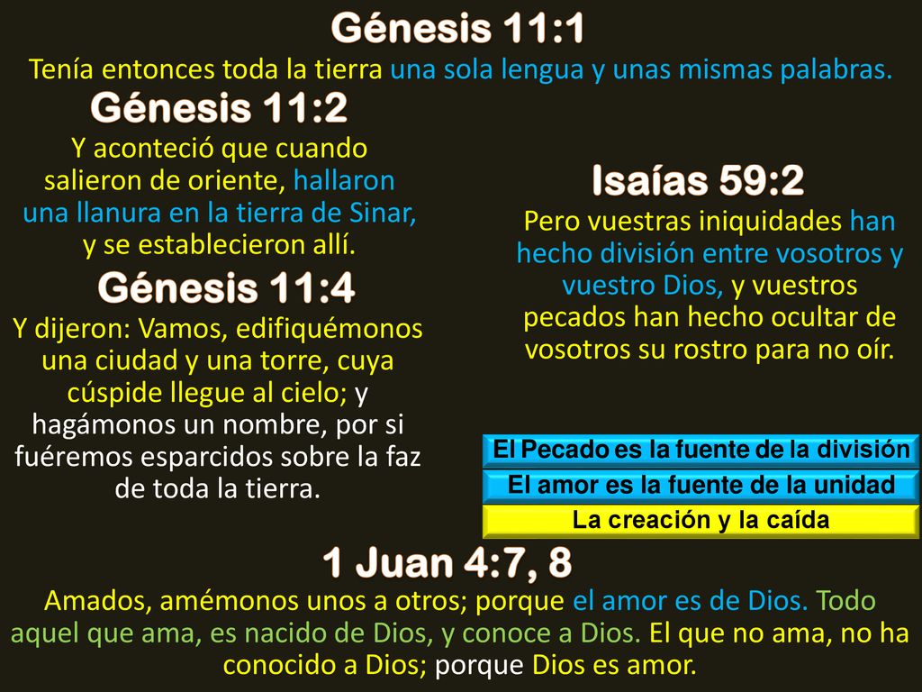Génesis 11:1 Génesis 11:2 Isaías 59:2 Génesis 11:4 1 Juan 4:7, 8