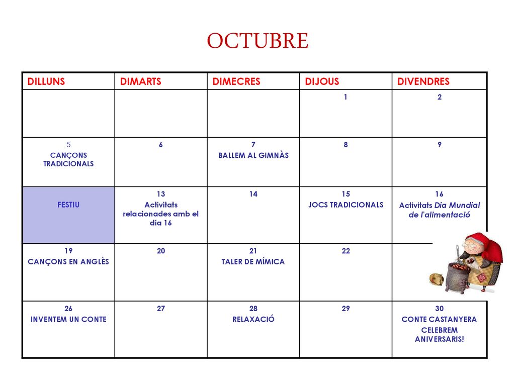 OCTUBRE DILLUNS DIMARTS DIMECRES DIJOUS DIVENDRES FESTIU 1 2 5