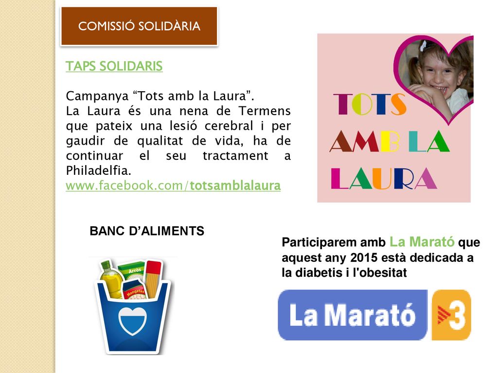 COMISSIÓ SOLIDÀRIA TAPS SOLIDARIS. Campanya Tots amb la Laura .