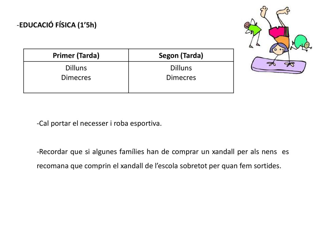 -EDUCACIÓ FÍSICA (1’5h) Primer (Tarda) Segon (Tarda) Dilluns. Dimecres. -Cal portar el necesser i roba esportiva.