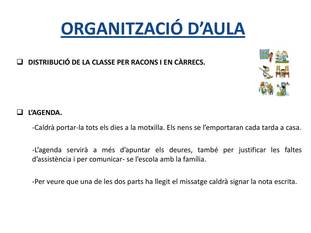 ORGANITZACIÓ D’AULA DISTRIBUCIÓ DE LA CLASSE PER RACONS I EN CÀRRECS.