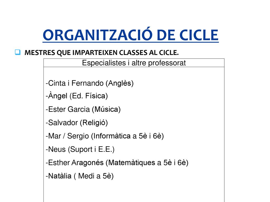 Especialistes i altre professorat