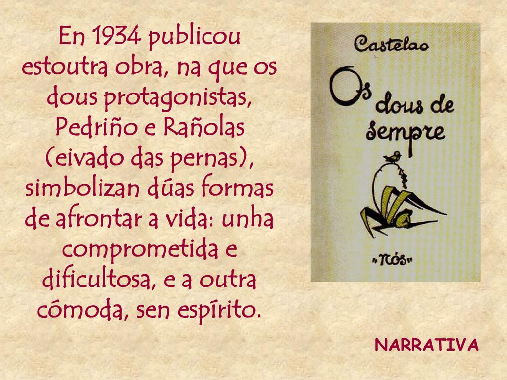 En 1934 publicou estoutra obra, na que os dous protagonistas, Pedriño e Rañolas (eivado das pernas), simbolizan dúas formas de afrontar a vida: unha comprometida e dificultosa, e a outra cómoda, sen espírito.