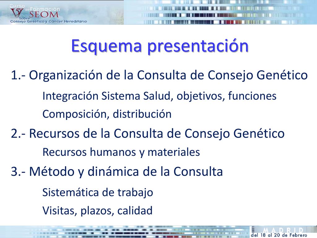 Esquema presentación 1.- Organización de la Consulta de Consejo Genético. Integración Sistema Salud, objetivos, funciones.