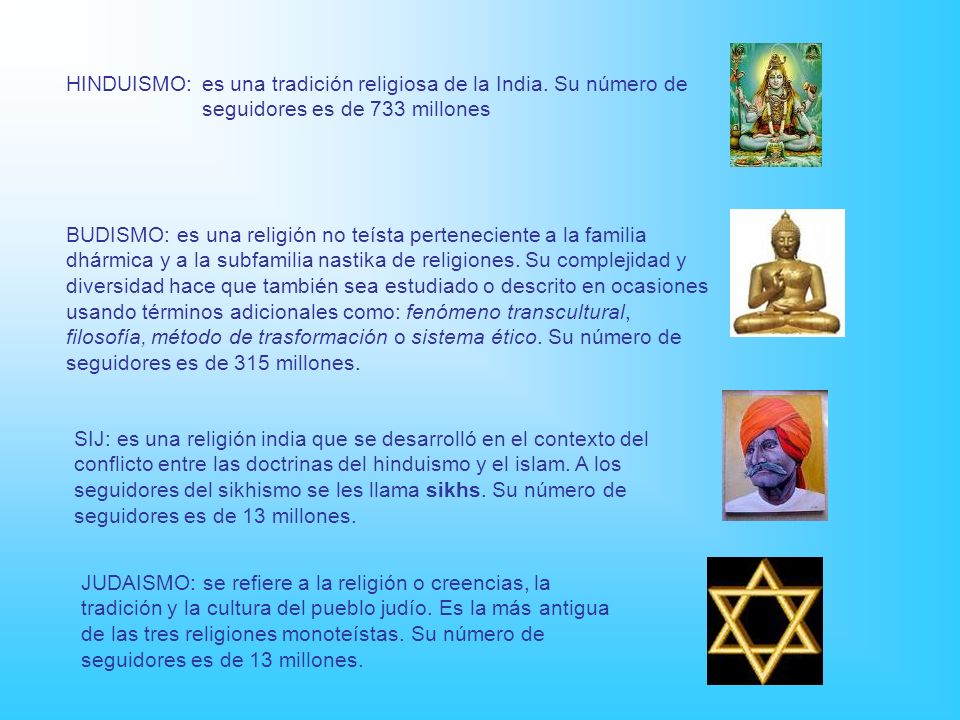 HINDUISMO: es una tradición religiosa de la India. Su número de seguidores es de 733 millones.