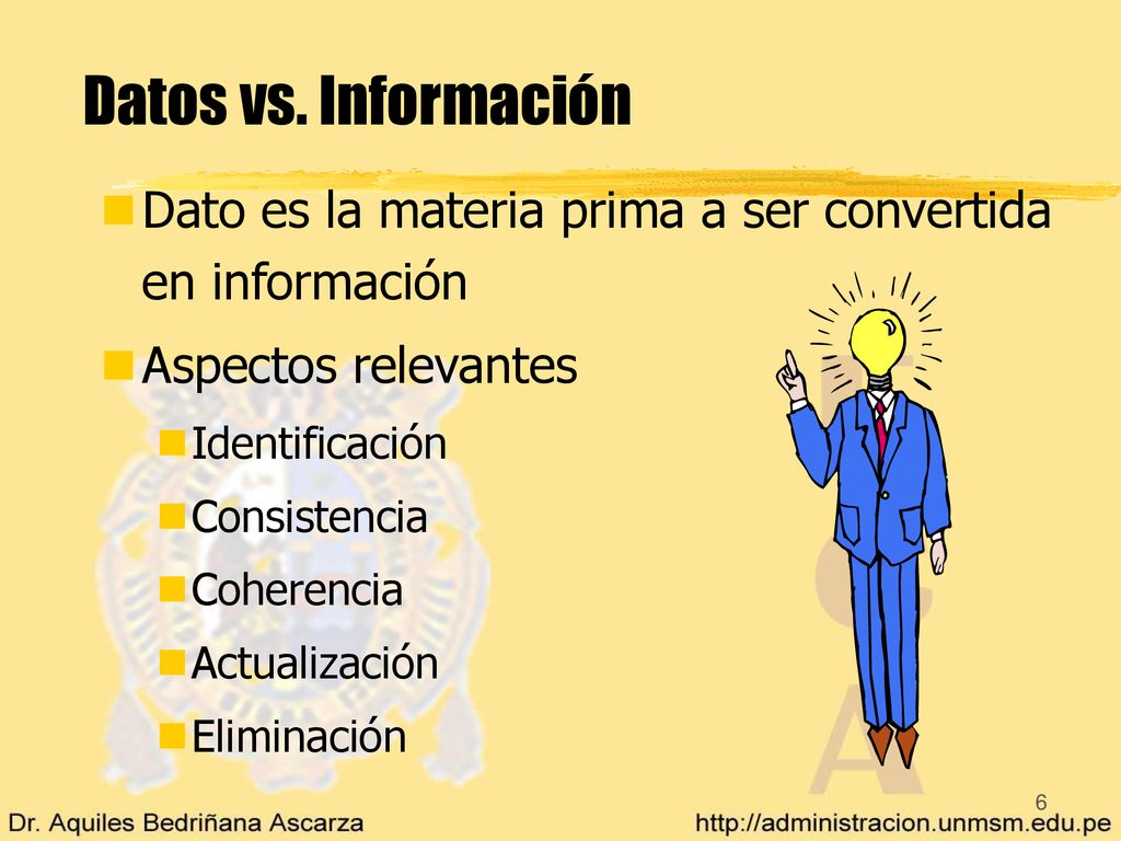 Datos vs. Información Dato es la materia prima a ser convertida en información. Aspectos relevantes.