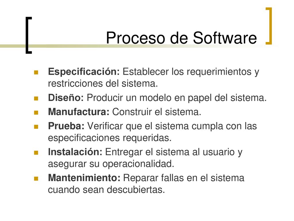 Proceso de Software Especificación: Establecer los requerimientos y restricciones del sistema. Diseño: Producir un modelo en papel del sistema.
