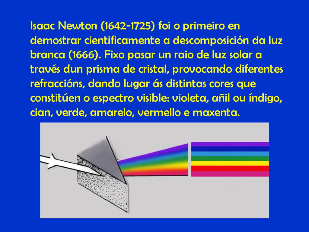 Isaac Newton ( ) foi o primeiro en demostrar cientificamente a descomposición da luz branca (1666).