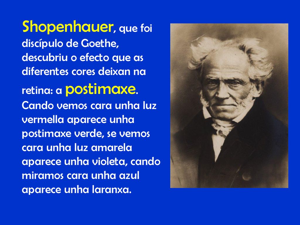 Shopenhauer, que foi discípulo de Goethe, descubriu o efecto que as diferentes cores deixan na retina: a postimaxe.