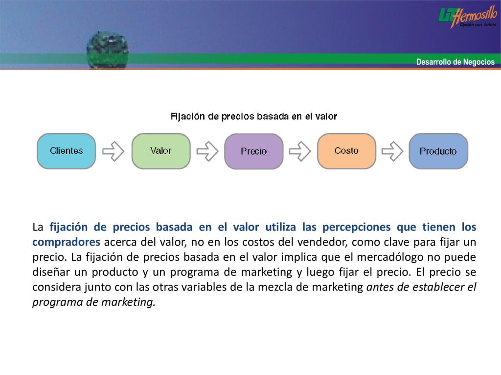 La fijación de precios basada en el valor utiliza las percepciones que tienen los compradores acerca del valor, no en los costos del vendedor, como clave para fijar un precio.