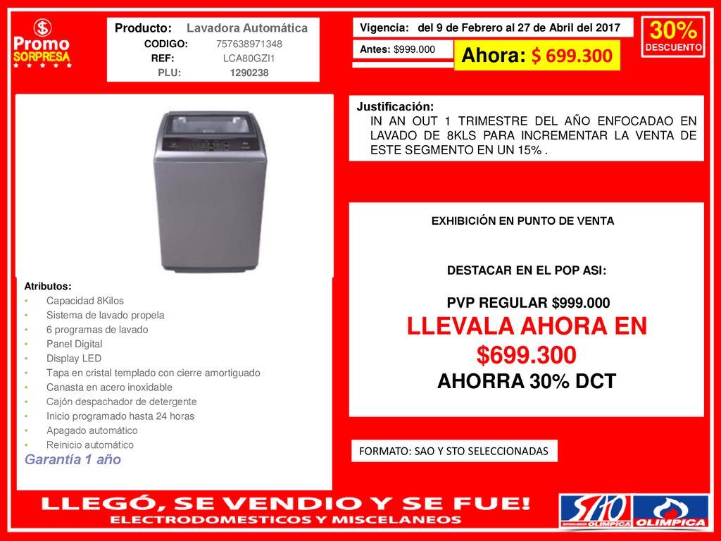 Producto: Lavadora Automática EXHIBICIÓN EN PUNTO DE VENTA