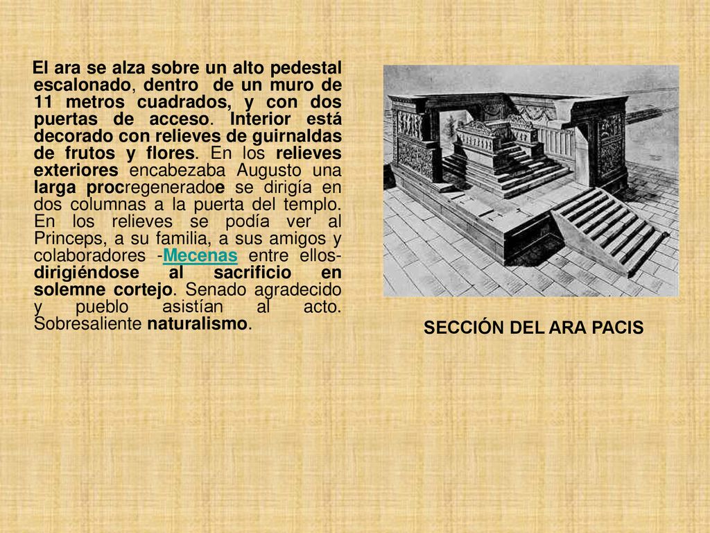 El ara se alza sobre un alto pedestal escalonado, dentro de un muro de 11 metros cuadrados, y con dos puertas de acceso. Interior está decorado con relieves de guirnaldas de frutos y flores. En los relieves exteriores encabezaba Augusto una larga procregeneradoe se dirigía en dos columnas a la puerta del templo. En los relieves se podía ver al Princeps, a su familia, a sus amigos y colaboradores -Mecenas entre ellos- dirigiéndose al sacrificio en solemne cortejo. Senado agradecido y pueblo asistían al acto. Sobresaliente naturalismo.