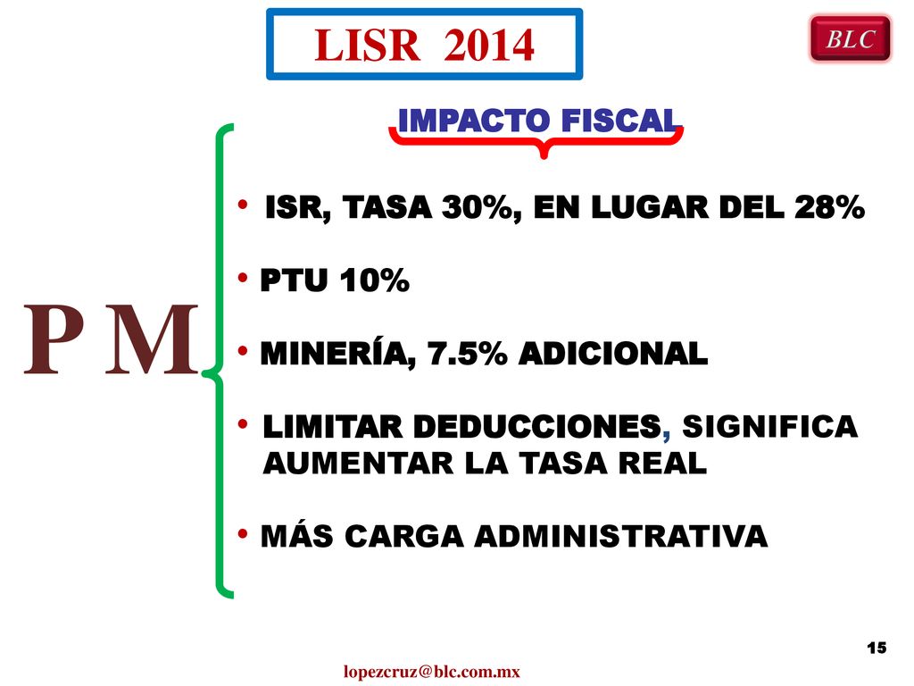 P M LISR 2014 IMPACTO FISCAL ISR, TASA 30%, EN LUGAR DEL 28% PTU 10%