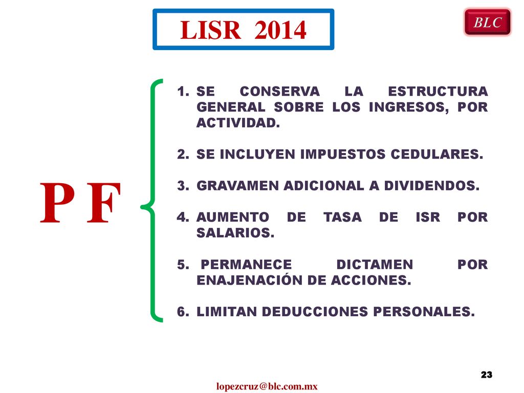 LISR 2014 BLC. SE CONSERVA LA ESTRUCTURA GENERAL SOBRE LOS INGRESOS, POR ACTIVIDAD. SE INCLUYEN IMPUESTOS CEDULARES.