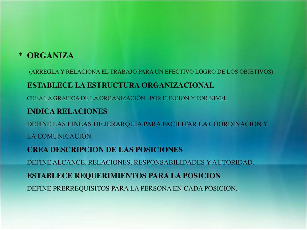 * ORGANIZA (ARREGLA Y RELACIONA EL TRABAJO PARA UN EFECTIVO LOGRO DE LOS OBJETIVOS). ESTABLECE LA ESTRUCTURA ORGANIZACIONAL.