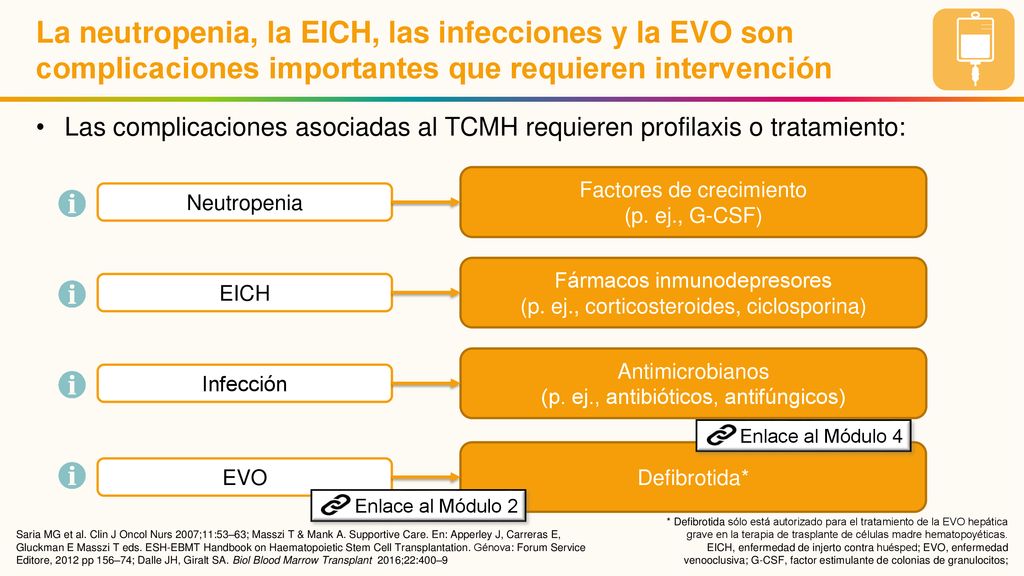 La neutropenia, la EICH, las infecciones y la EVO son complicaciones importantes que requieren intervención