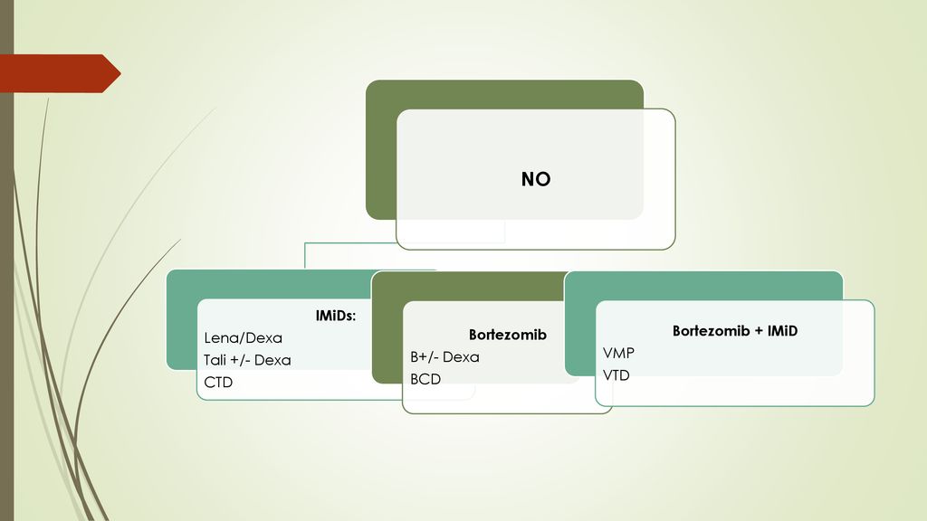 NO IMiDs: Lena/Dexa Bortezomib Bortezomib + IMiD Tali +/- Dexa