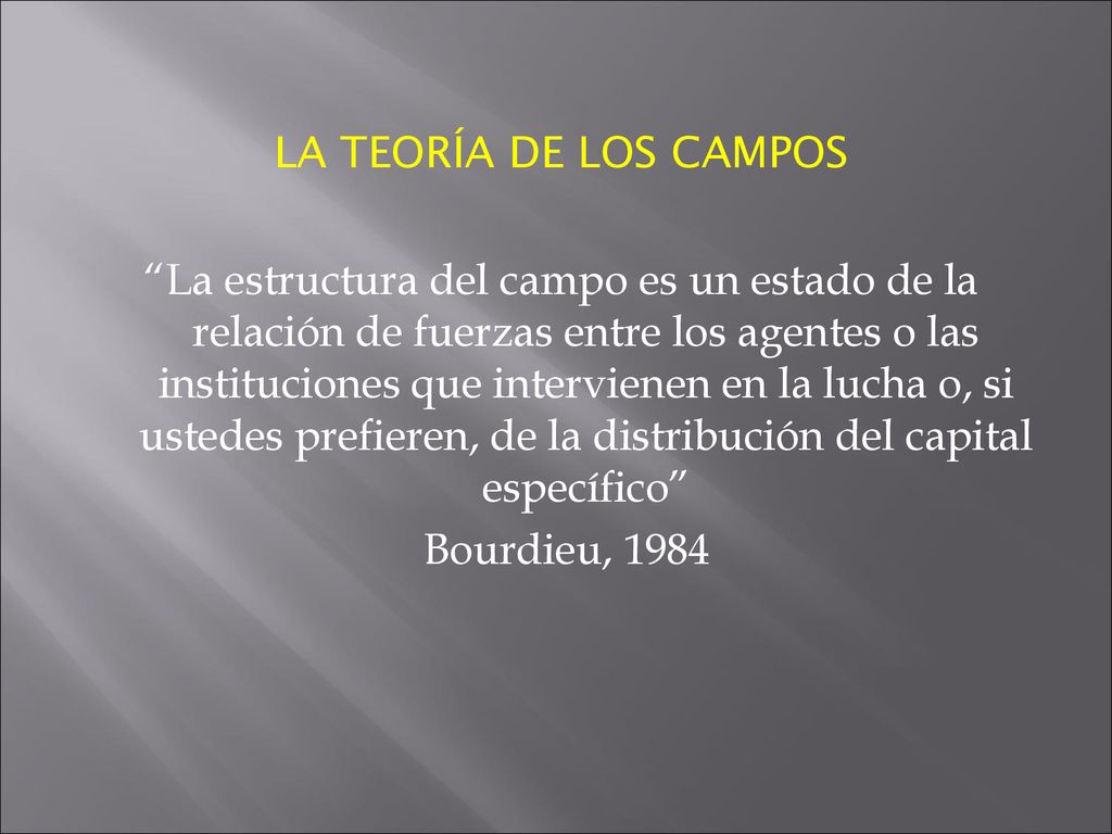 LA TEORÍA DE LOS CAMPOS La estructura del campo es un estado de la relación de fuerzas entre los agentes o las instituciones que intervienen en la lucha o, si ustedes prefieren, de la distribución del capital específico Bourdieu, 1984