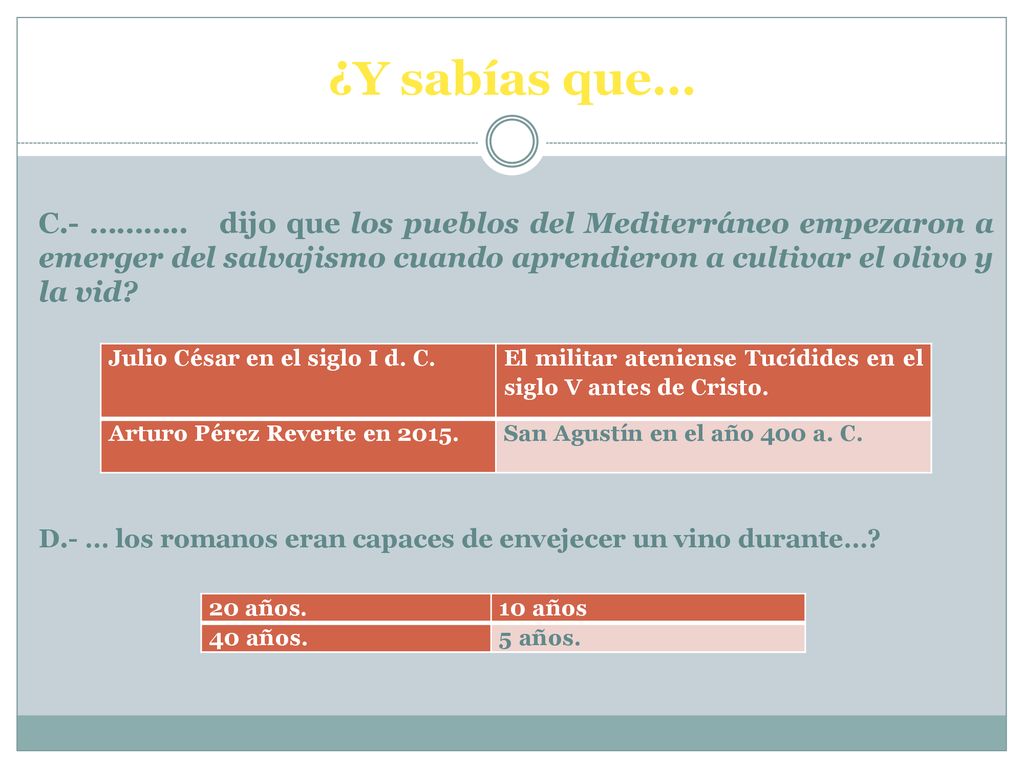 ¿Y sabías que… C.- ……….. dijo que los pueblos del Mediterráneo empezaron a emerger del salvajismo cuando aprendieron a cultivar el olivo y la vid