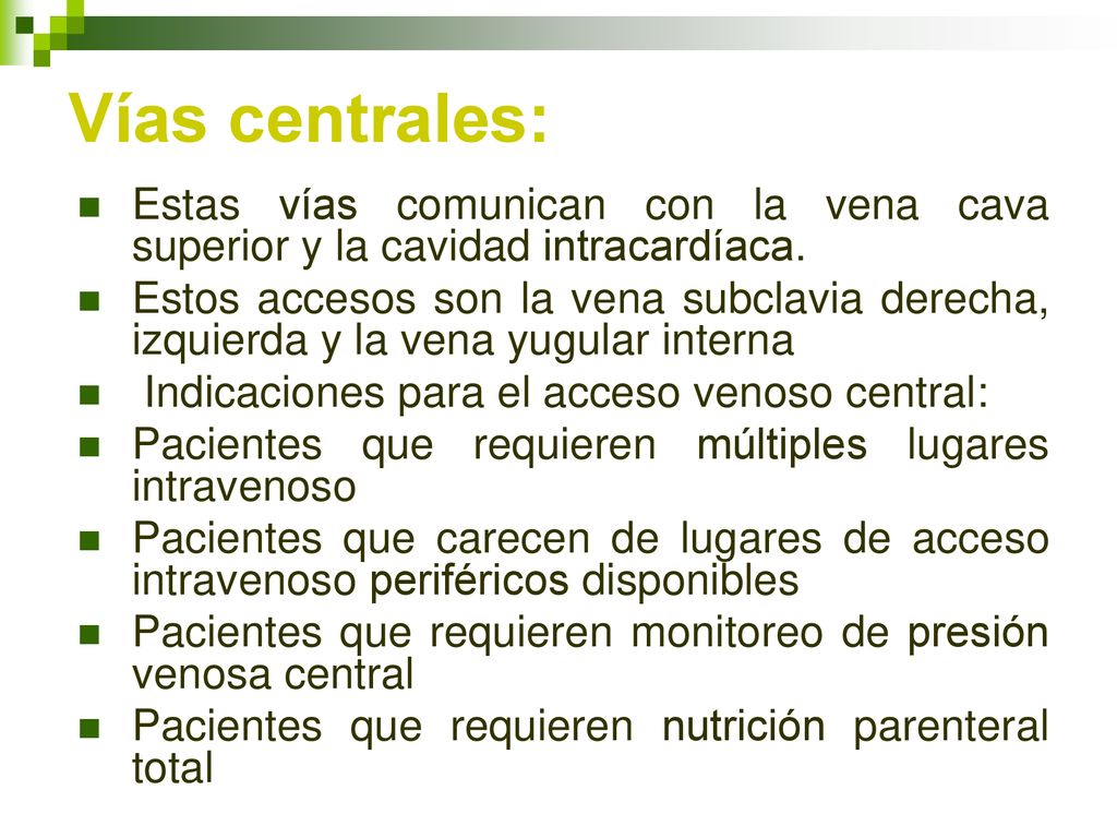 Vías centrales: Estas vías comunican con la vena cava superior y la cavidad intracardíaca.