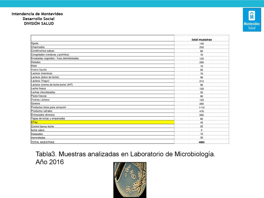 Tabla3. Muestras analizadas en Laboratorio de Microbiología. Año 2016
