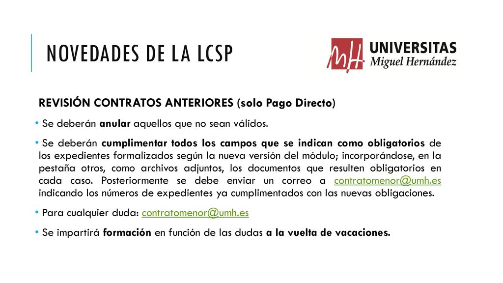 NOVEDADES DE LA LCSP REVISIÓN CONTRATOS ANTERIORES (solo Pago Directo)
