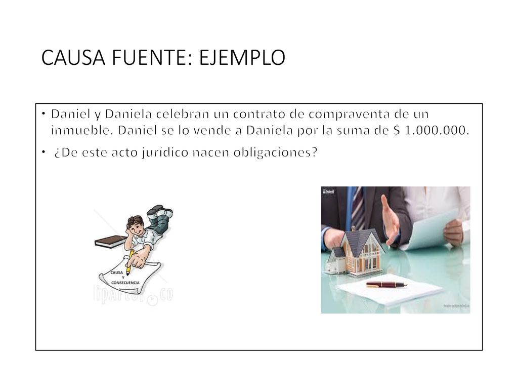 CAUSA FUENTE: EJEMPLO Daniel y Daniela celebran un contrato de compraventa de un inmueble. Daniel se lo vende a Daniela por la suma de $