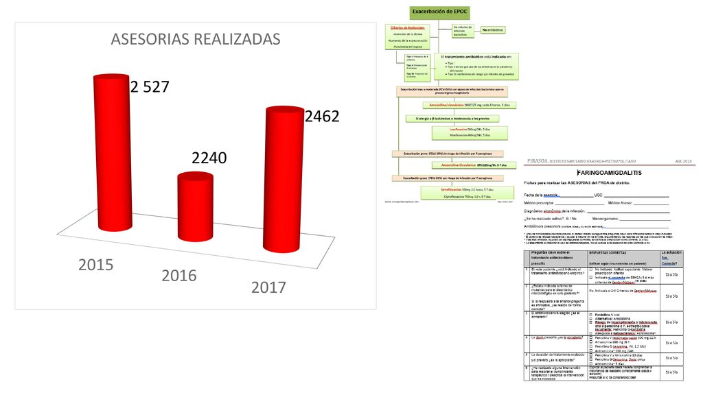 Las asesorías, herramienta del PIRASOA como formación continua, se han incorporado a la práctica clínica. A lo largo de 2017 se elaboraron algoritmos basados en la Guía Antimicrobiana de Aljarafe de las infecciones más prevalentes a AP y Urgencias.