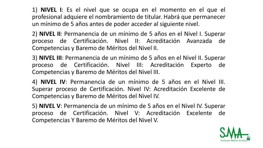 1) NIVEL I: Es el nivel que se ocupa en el momento en el que el profesional adquiere el nombramiento de titular. Habrá que permanecer un mínimo de 5 años antes de poder acceder al siguiente nivel.