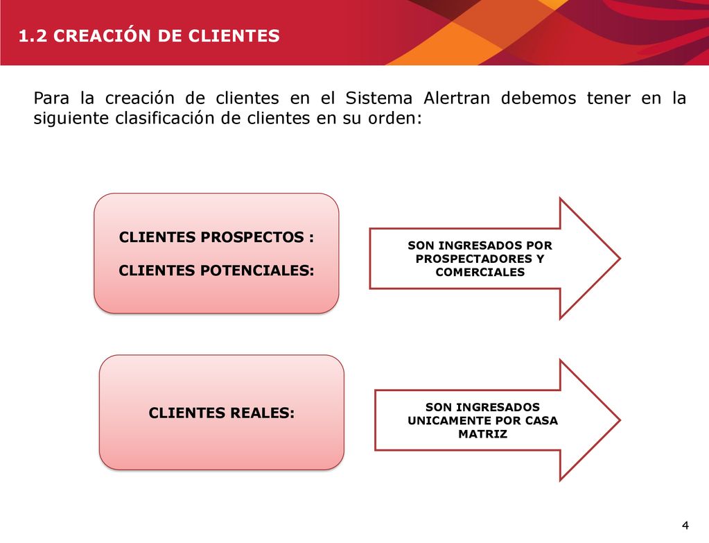 1.2 CREACIÓN DE CLIENTES Para la creación de clientes en el Sistema Alertran debemos tener en la siguiente clasificación de clientes en su orden: