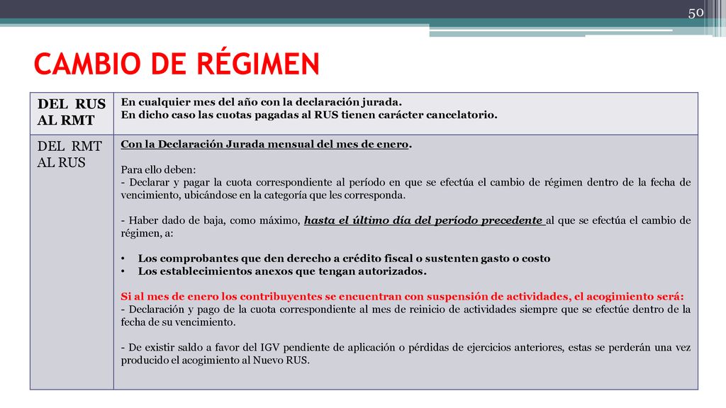 CAMBIO DE RÉGIMEN DEL RUS AL RMT DEL RMT AL RUS