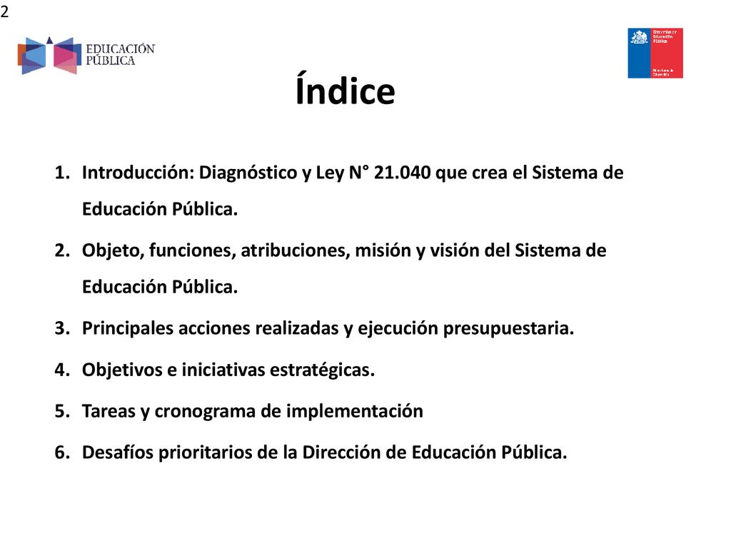 Índice Introducción: Diagnóstico y Ley N° que crea el Sistema de Educación Pública.