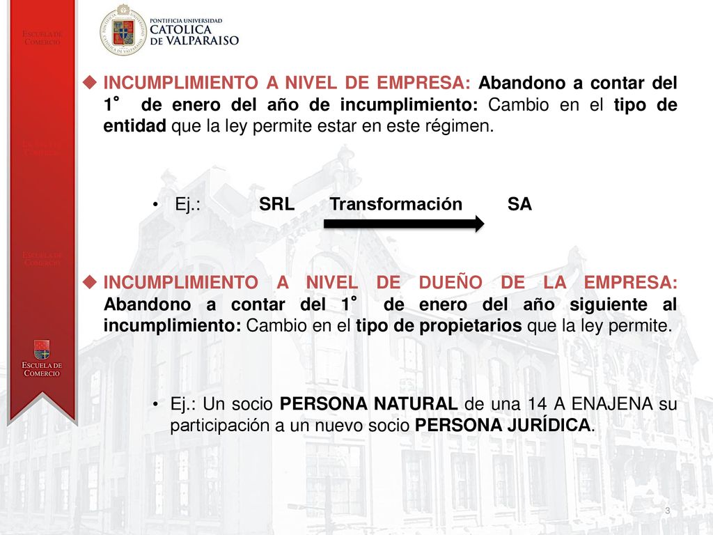 INCUMPLIMIENTO A NIVEL DE EMPRESA: Abandono a contar del 1° de enero del año de incumplimiento: Cambio en el tipo de entidad que la ley permite estar en este régimen.